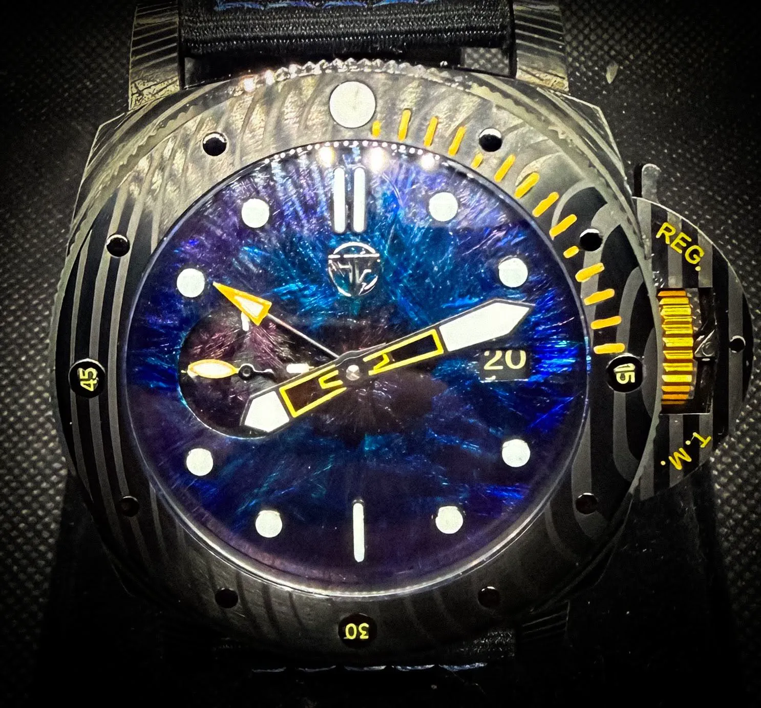 Black 47mm Pan Handmade Dial — Black 47mm pan-style case custom build, Reno