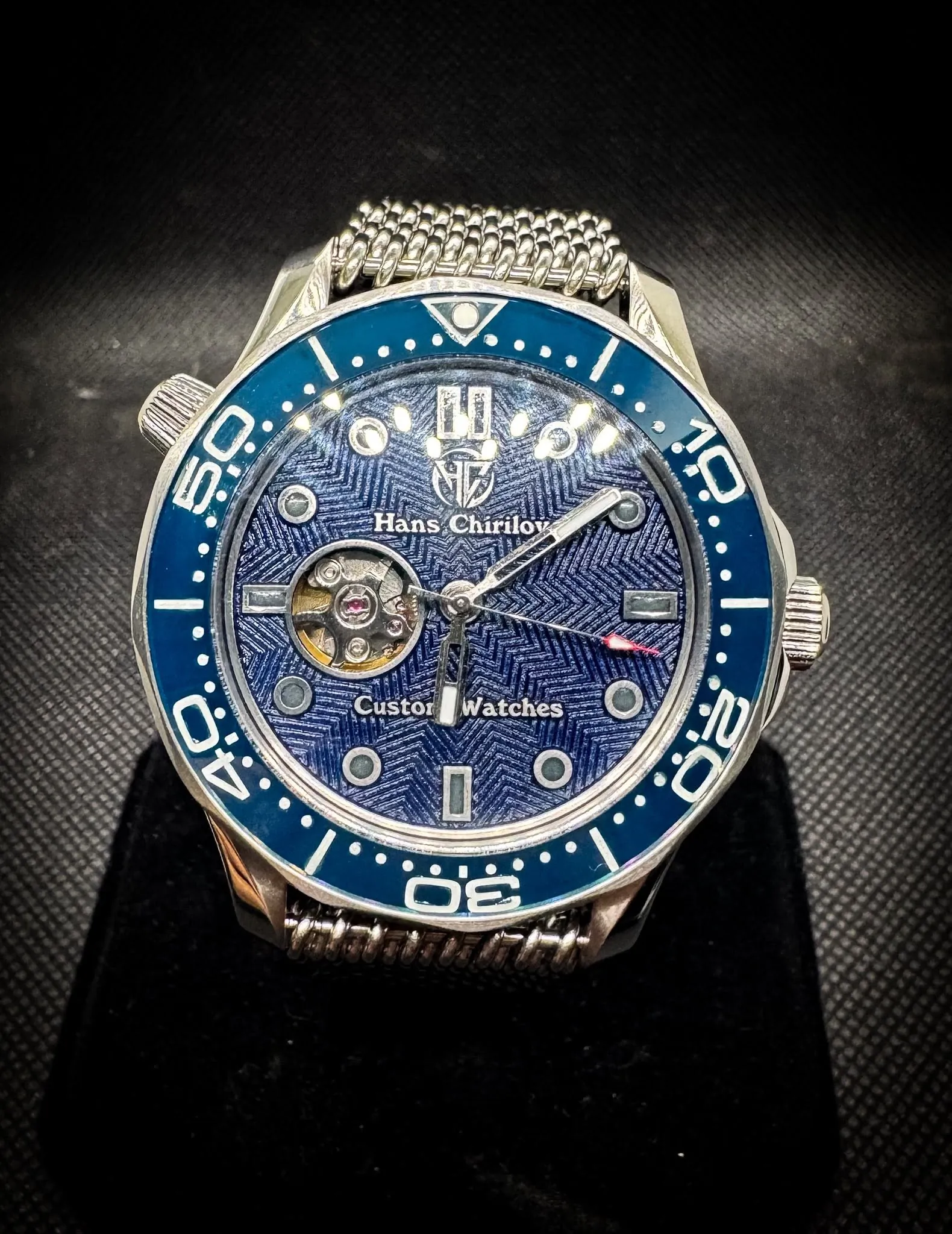 Blue-on-Blue Guilloche Open-Heart Diver — Stainless divers case custom build, Reno